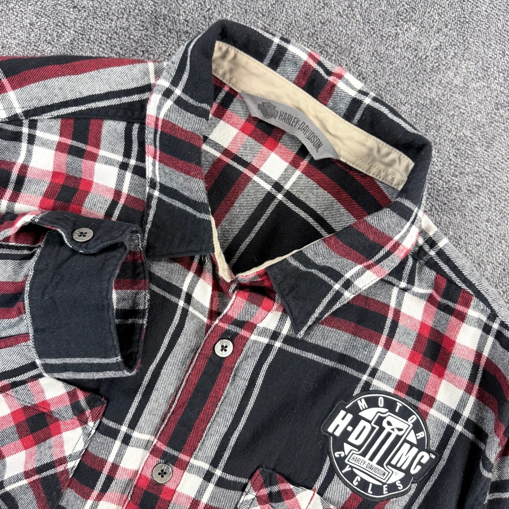 Harley-Davidson HDMC Plaid Flannel Shirt Red Black Elbow Patches Mens Large